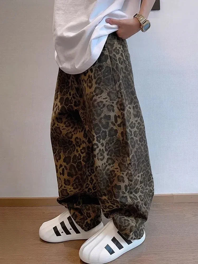 Jeans Tan Leopard masculino, calças jeans grandes masculinas, calças de perna larga, streetwear, hip-hop, roupas vintage, soltas, casual