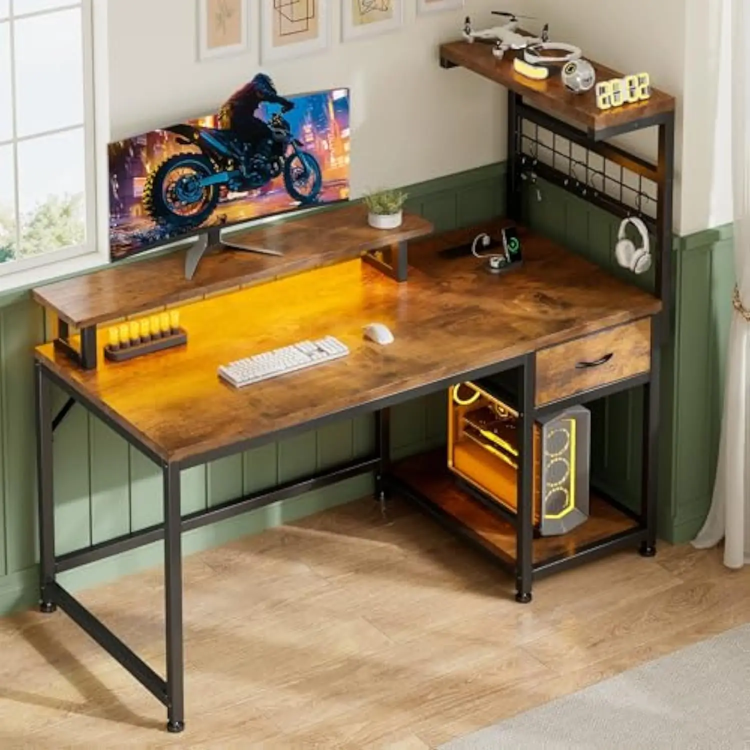 

40 电脑桌 with Drawers, Game Desk with Led Lights and Power Outlets, Home Office Desks with Monitor Stand, Corner Desks