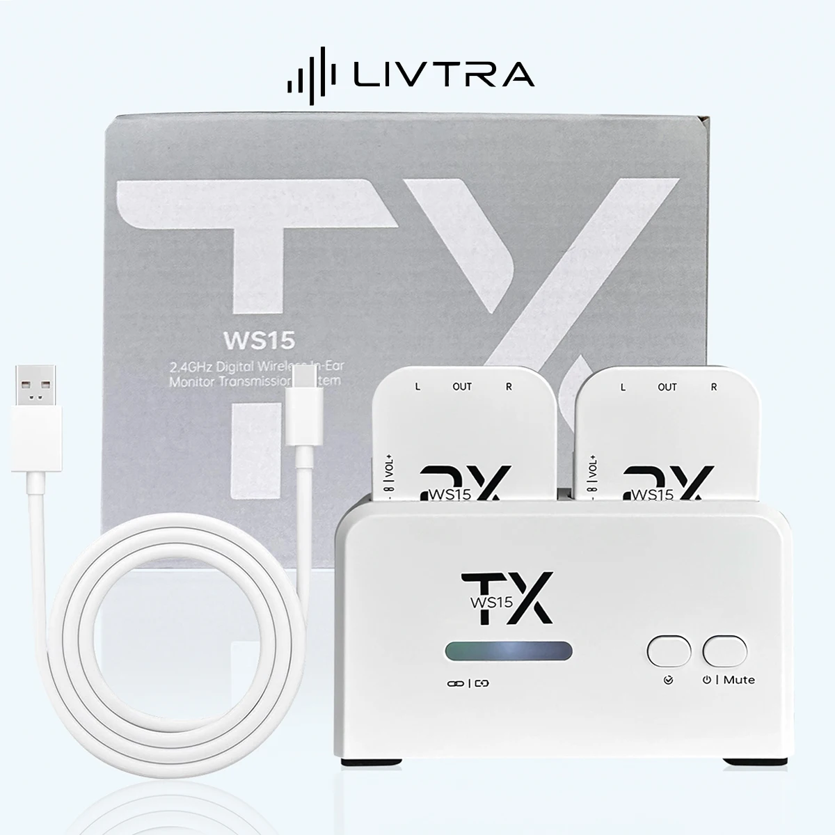 LIVTRA WS15 Wireless Ear Monitor – 2.4GHz, 30m Range, 15ms Low Latency, Transmitter as Charging Case, 16g Receiver