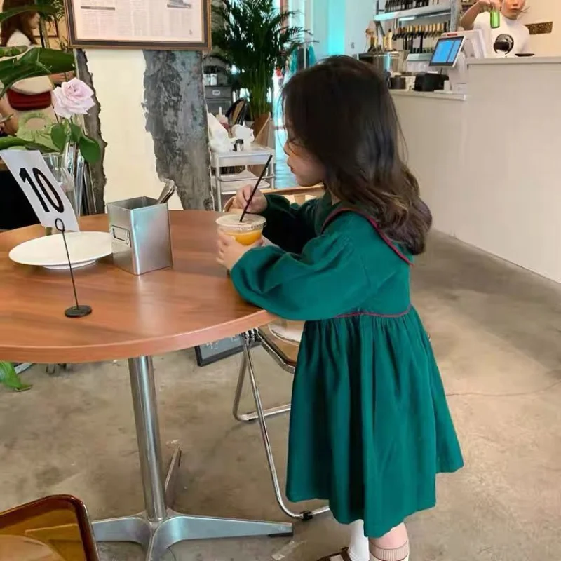 Kids Dress Girl Fashion Long Sleeve Pullover Knee Length Corduroy Green Retro Casual Dresses Spring Autumn Children Clothing