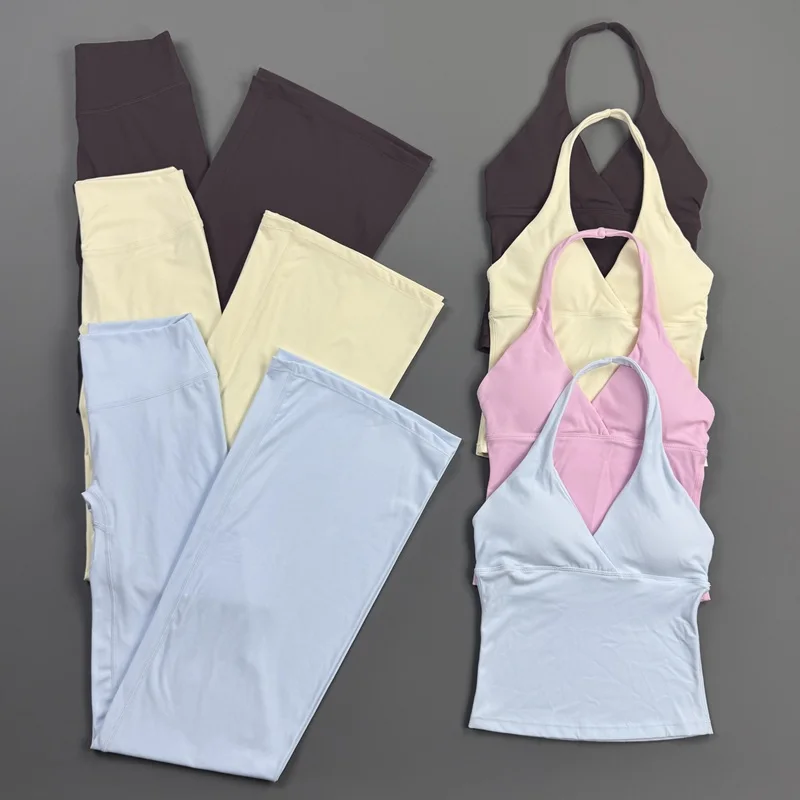 2 Pieces Origin Set Women Halter V Neck Yoga Sleeveless Top Flare Leggings Soft Stretchy Suit Gym Workout Pilates Fitness Outfit