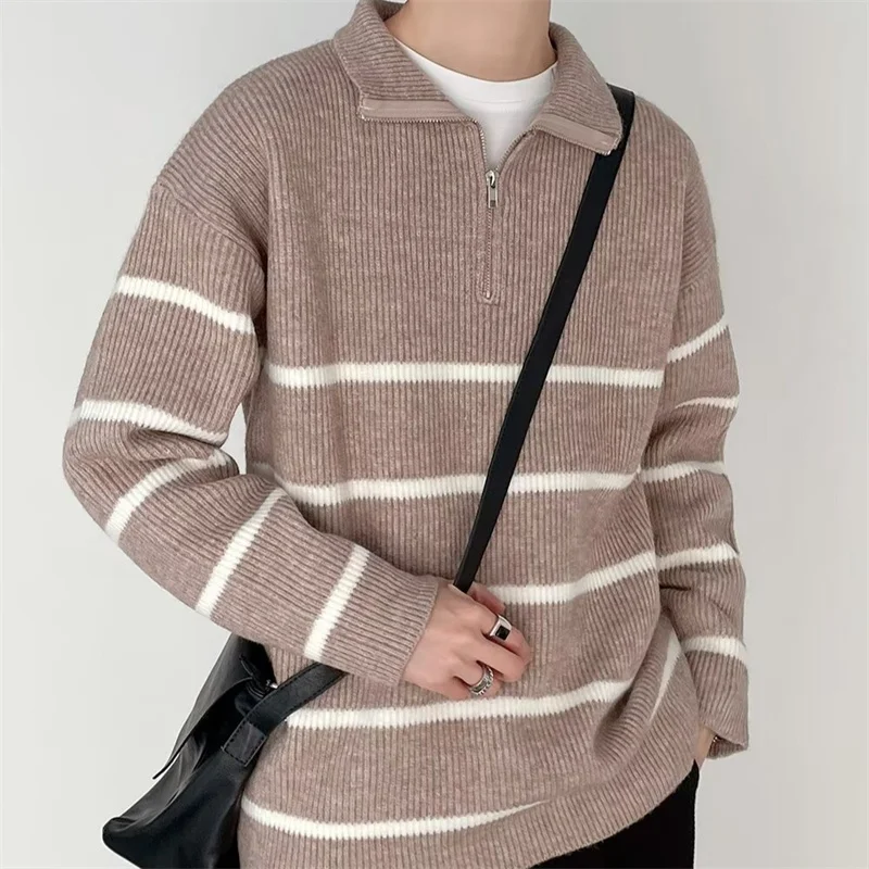 

Зимние полосатые свитера с длинными рукавами и полумолнией для мужчин, уличные корейские модные пуловеры, трикотаж Y2K, винтажный трикотаж hombre