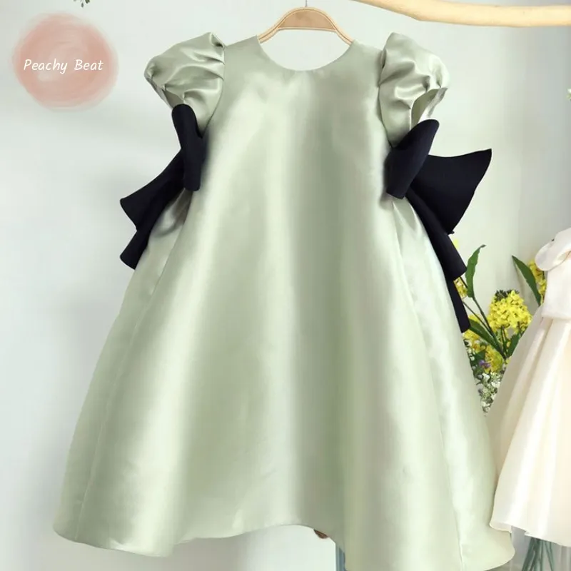 Baby Girl Princess Bow Dress Puff Sleeve Infant Toddler Child Teen Elegant Green Satin Vestido Party Birthday Baby Clothes 1-14Y