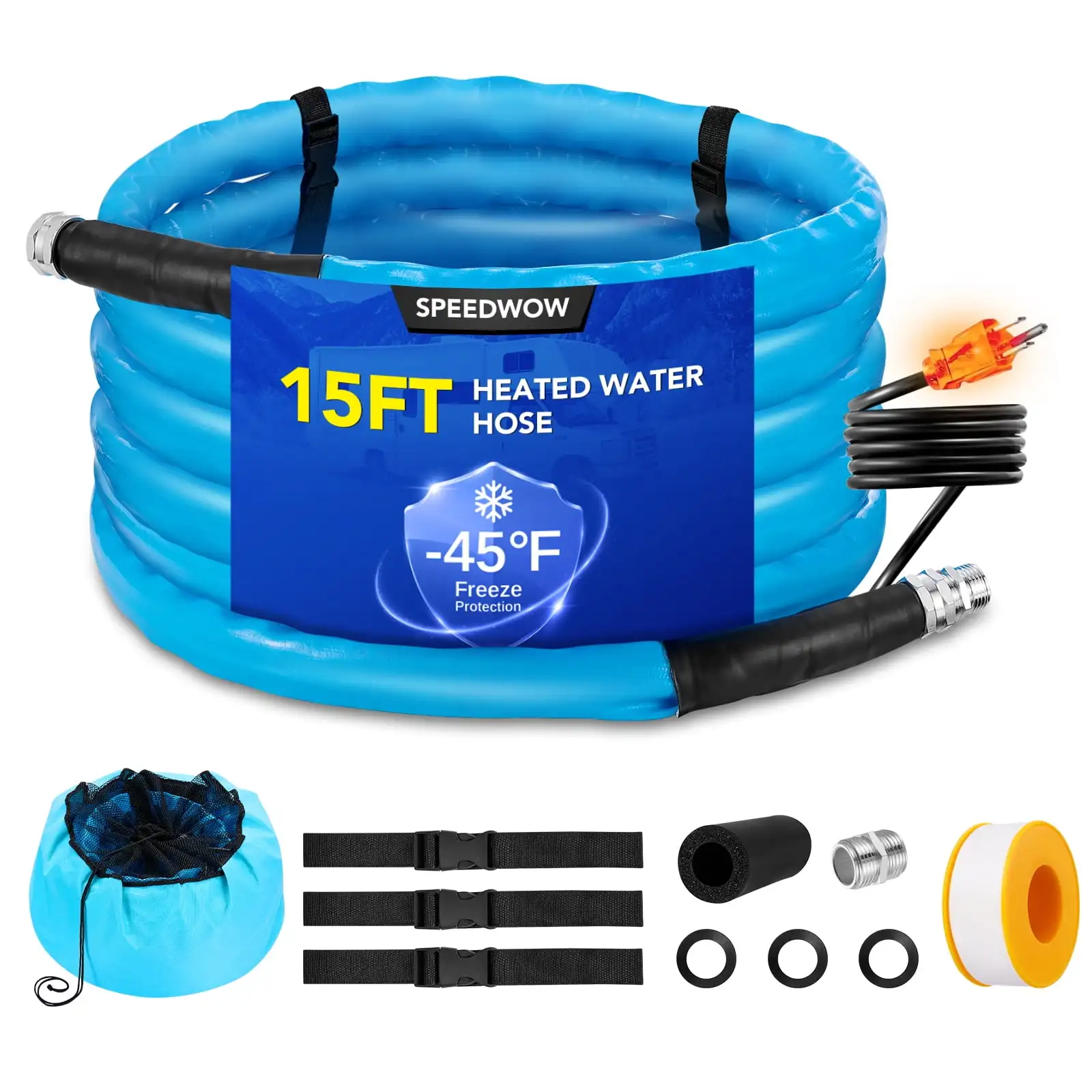 

Heated RV Water Hose 15ft - Freeze Protection -45°F, 450PSI Heavy Duty, Energy-Saving Thermostat, 5/8" with Storage Bag