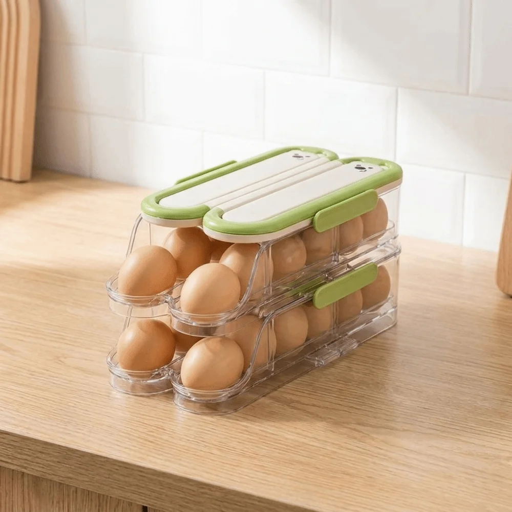 Food Grade Automatic Rolling Egg Container Transparent Stackable Large Egg Holder with Lid Space Saving Egg Storage Box