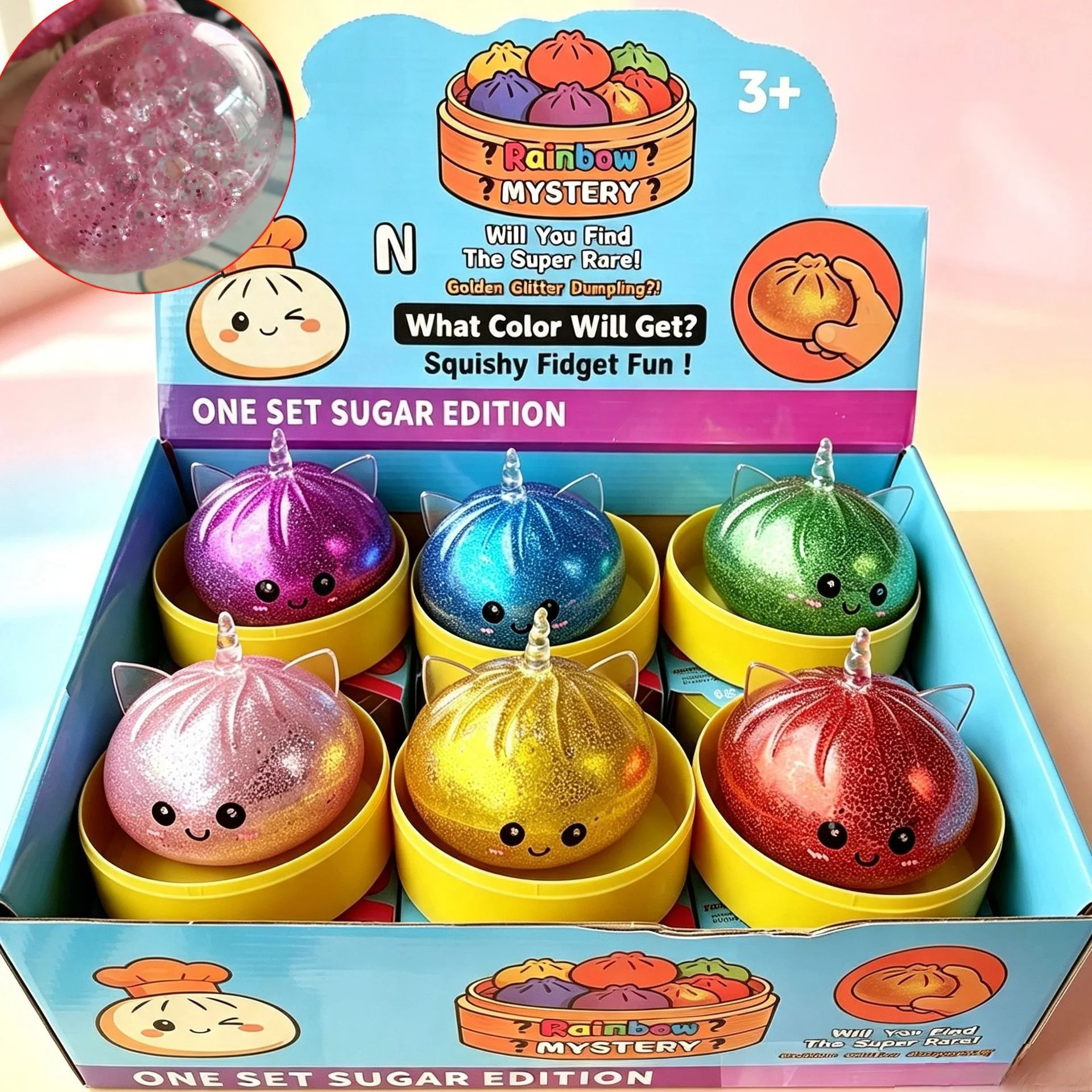 Mini Glitter Unicorn Dumpling Blind Box With Steamer Box Squeeze Squishy Toy Relieve Stress for Adult Anti-Anxiety Party Gift