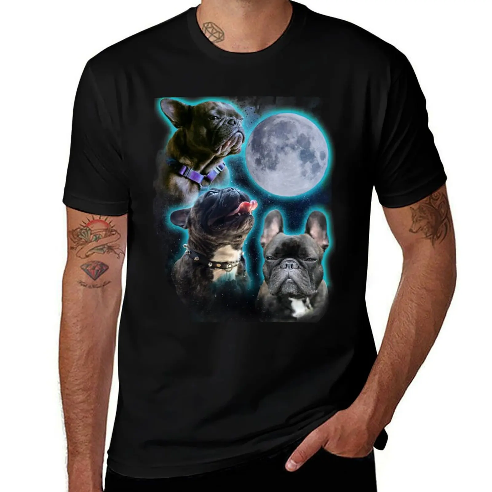 

Three Frenchies moon T-Shirt new edition sweat essential t shirt cute clothes t shirt men 100℅ cotton