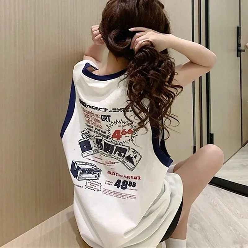 American Retro Basketball Vest Men\'s Oversized T Shirts Summer Sleeveless Loose T-shirt Vintage Letters Y2K Tops Harajuku Teens