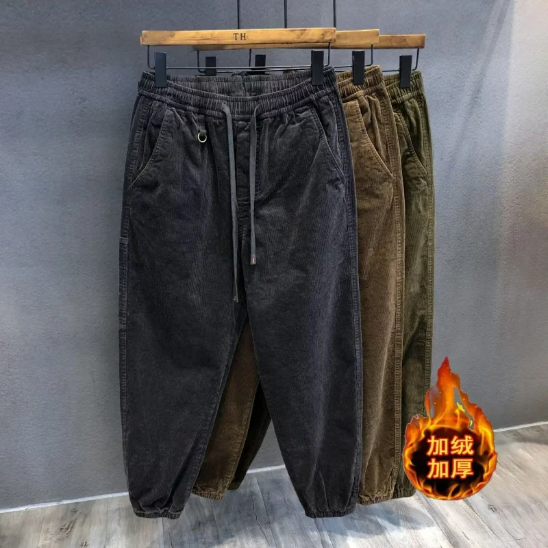 Men Clothing Retro Corduroy Loose Fleece Thick Warm Harem Pants Y2K Casual Streetwear Baggy Sweatpants Autumn Winter Pantalones