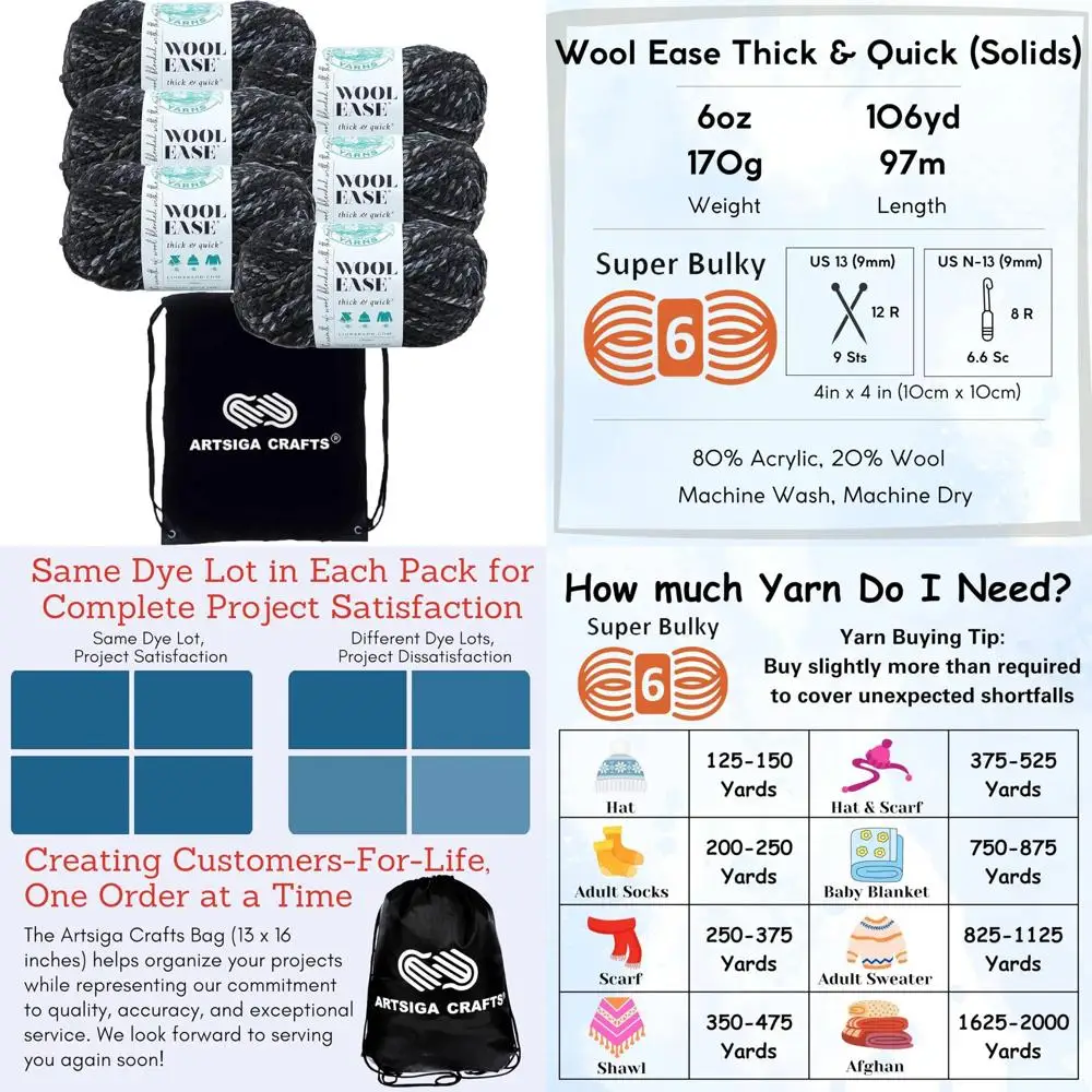 

Lion Brand Wool Ease Thick & Quick Metropolis 640-534 (6-Skeins - Same Dye Lot) #6 S Bulky Acrylic-Wool Yarn for Crocheting and