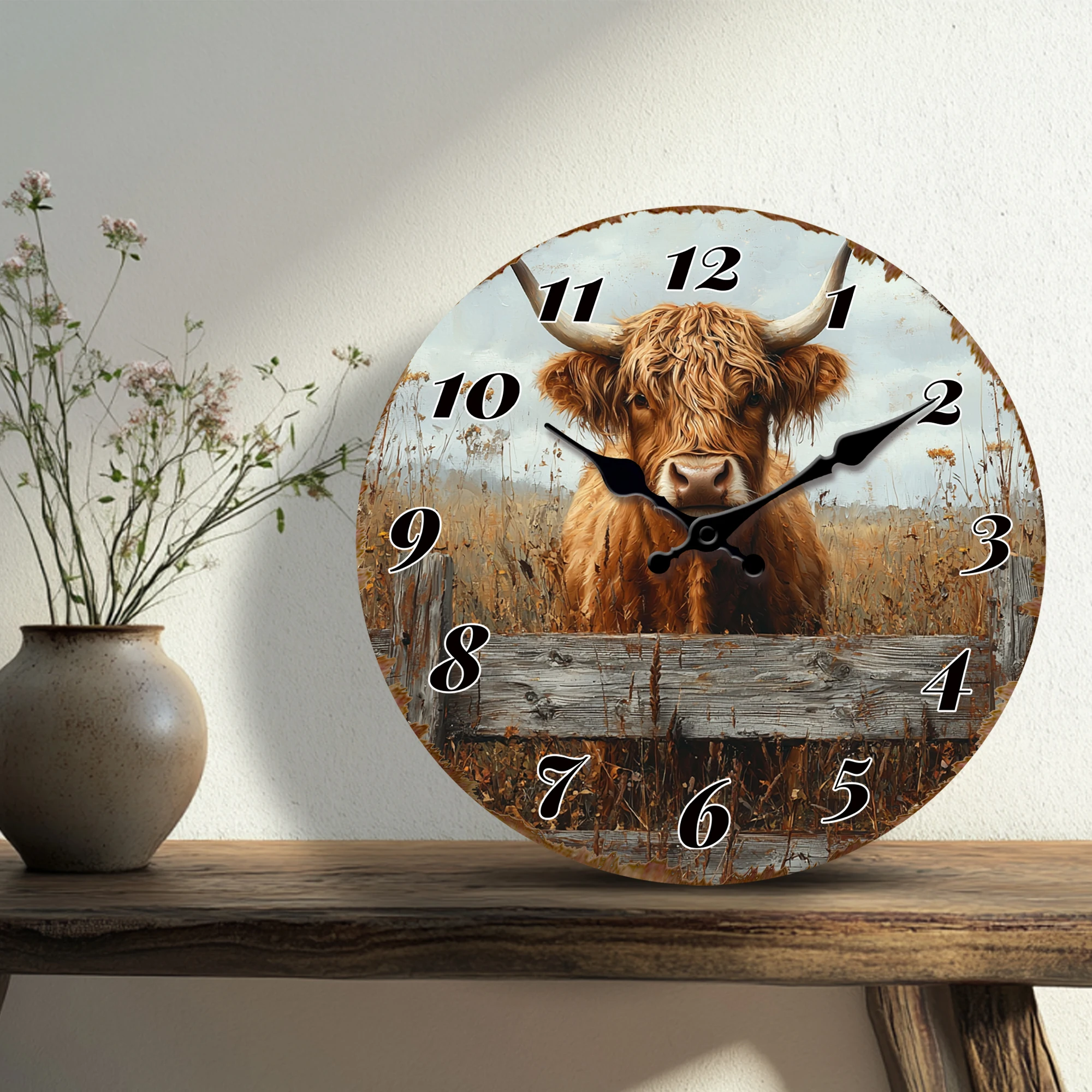 Countryside Highland Cow Wall Clock, Rustic Field Scene Design, Silent Quartz Analog Farm Decor Clock