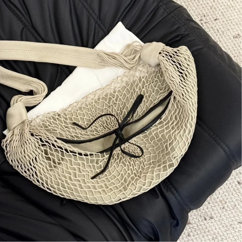 

Fashionable Trend Woven Dumpling Bag New Handmade Bow Decoration Hollow Shoulder Bag Versatile Net Bag Casual Underarm Beach Bag