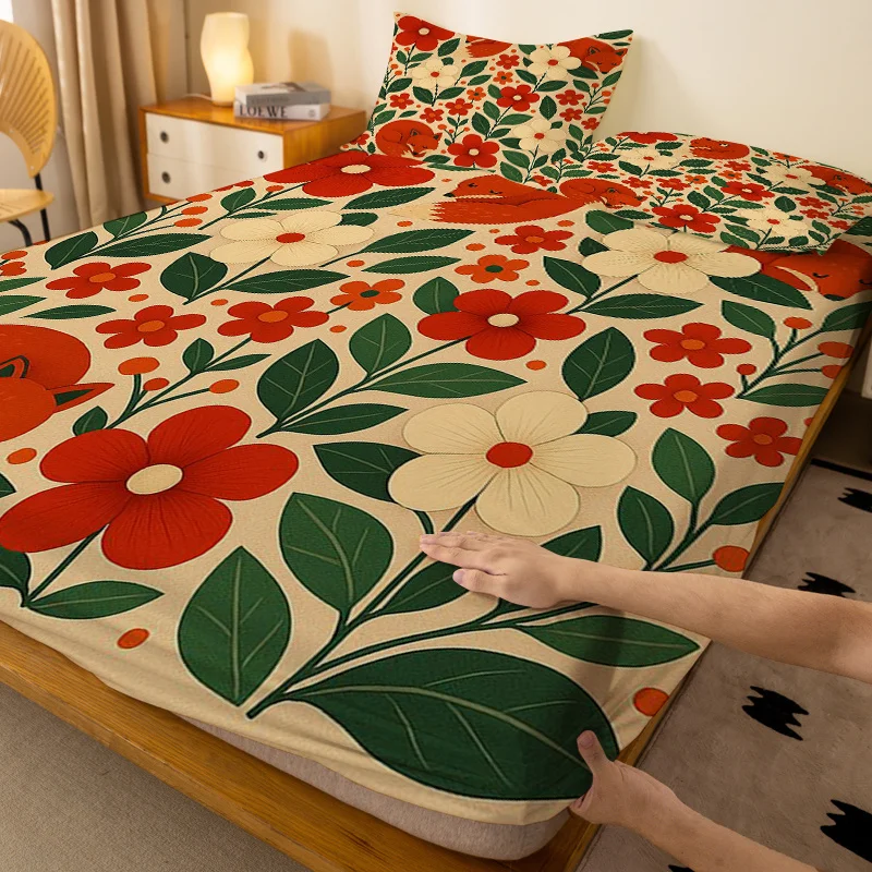 Two Little Foxes Floral Fitted Sheet Mattress Protector Breathable Polyester Material (Includes 1 Fitted Sheet + 2 Pillowcases) Mattress Protector Fitted Elastic Style Protective Cover Mattress Protector, Fitted Bedding Christmas Themed Bedding Baby Bedding Suitable for Nursery Room