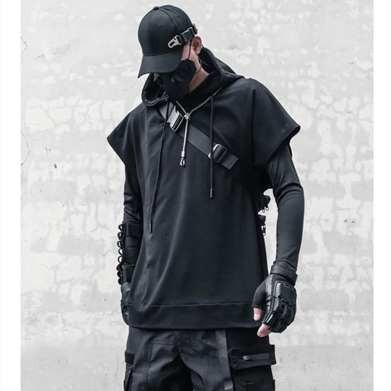 2024 Techwear Style Hip Hop Punk Sleeveless Hoodie Men Street Casual Gothic Vintage Sweatshirt Sleeveless Jacket