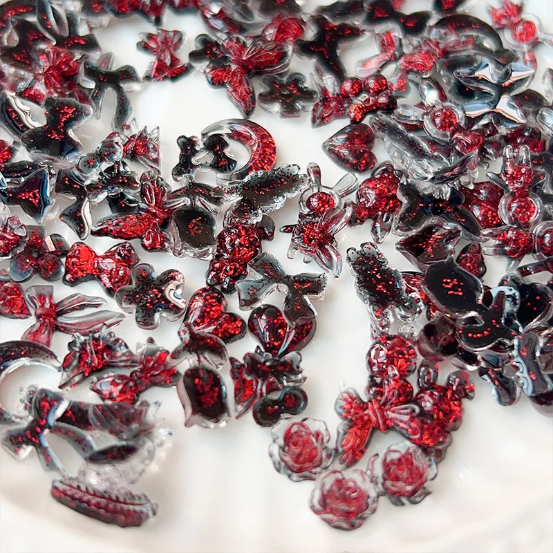 30PCS Vampire Style 3D Bow Nail Accessories Blood-red Flower Butterfly Bear Charms For Nails Art Decoration Manicure Supplies
