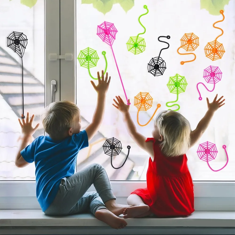 24 قطعة من شبكة العنكبوت اللاصقة للأطفال، ألعاب يدوية لاصقة على شكل نسيج العنكبوت مقاس 7.6 بوصة، هدايا حفلات الهالوين لحقيبة الجيدة