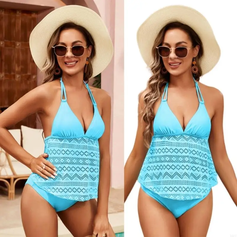 X9ff Back Back Tankini مجموعة 2 قطعة بطن مخفي ملابس السباحة مع ربطة عنق جانبية قابلة للتعديل لون الصلبة