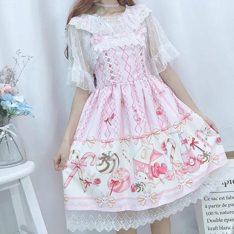 Japanese Style Lolita 2024 Summer New Ladies Sling Sleeveless Patchwork Lace Bow Bandage Fashion Sweet Slim Ball Gown Dress