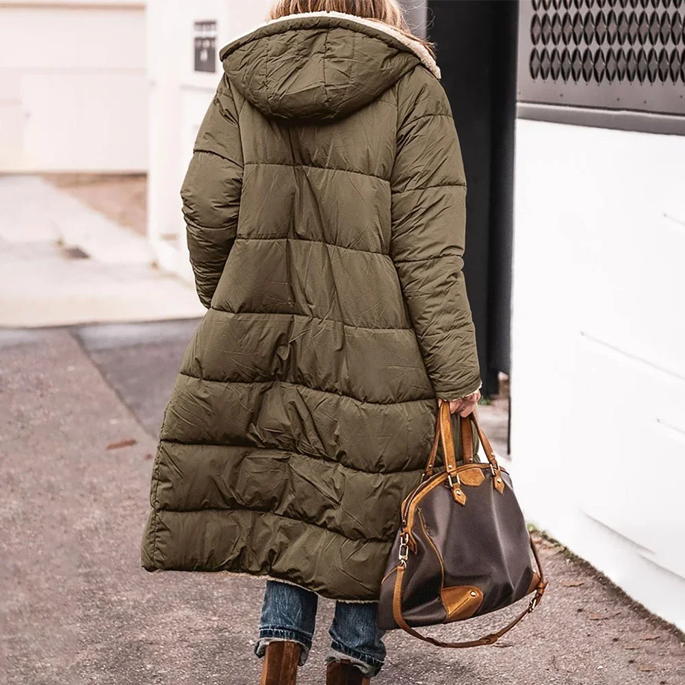 2023 New Autumn Winter Women Cotton Wool Lined Coat Parka Casual Long Style Slim Coat Solid Color Hooded Parkas Warm Overcoat