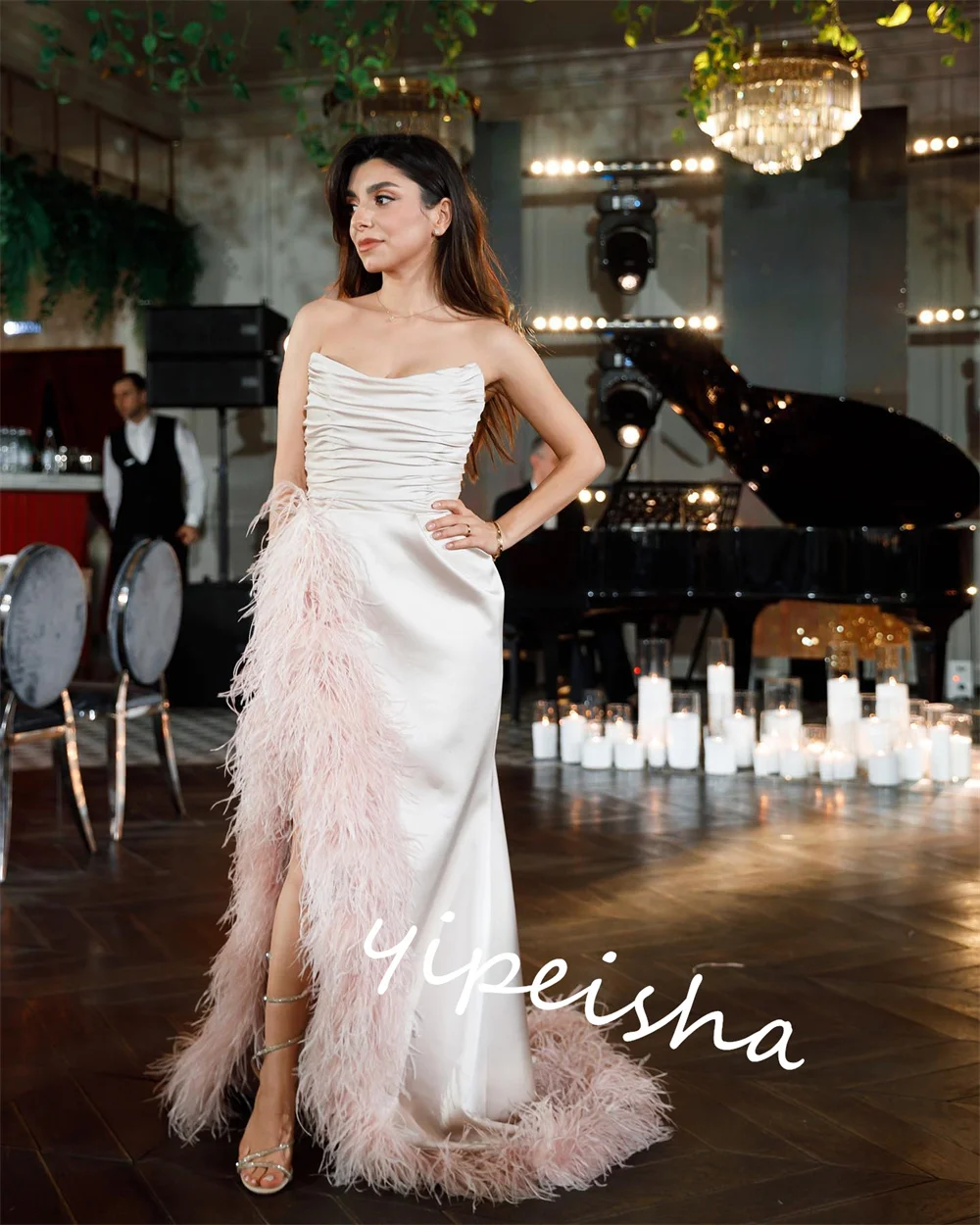 Robe de soirée de mariage en plumes plissées en satin exquises, robes longues, ligne A, sans bretelles, occasion sur mesure, haute qualité, Rotterdam Kle