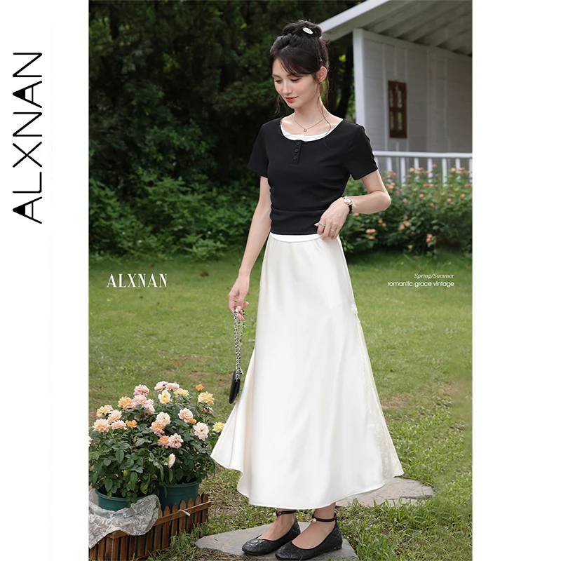 

Юбка ALXNAN с кружевными вставками, летняя, 2026, длинная, А-силуэт, элегантная женская юбка из атласа, для праздников, повседневная, элегантная женская одежда L55395