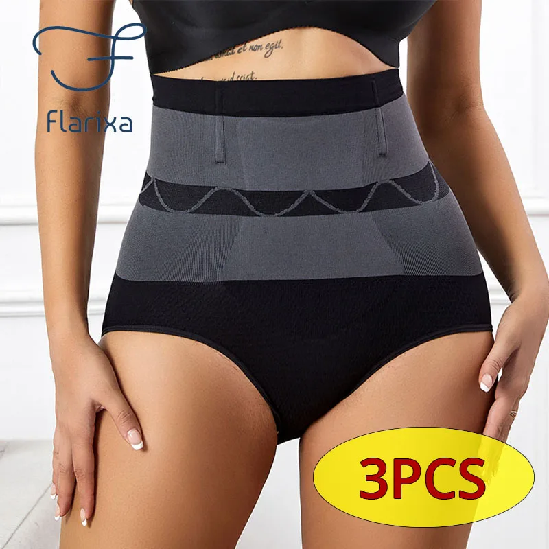 

Flarixa 3PCS Seamless Panties for Women Wigh Waist Flat Belly Shaping Panties Comfort Stripe Briefs Female Tummy Underpants