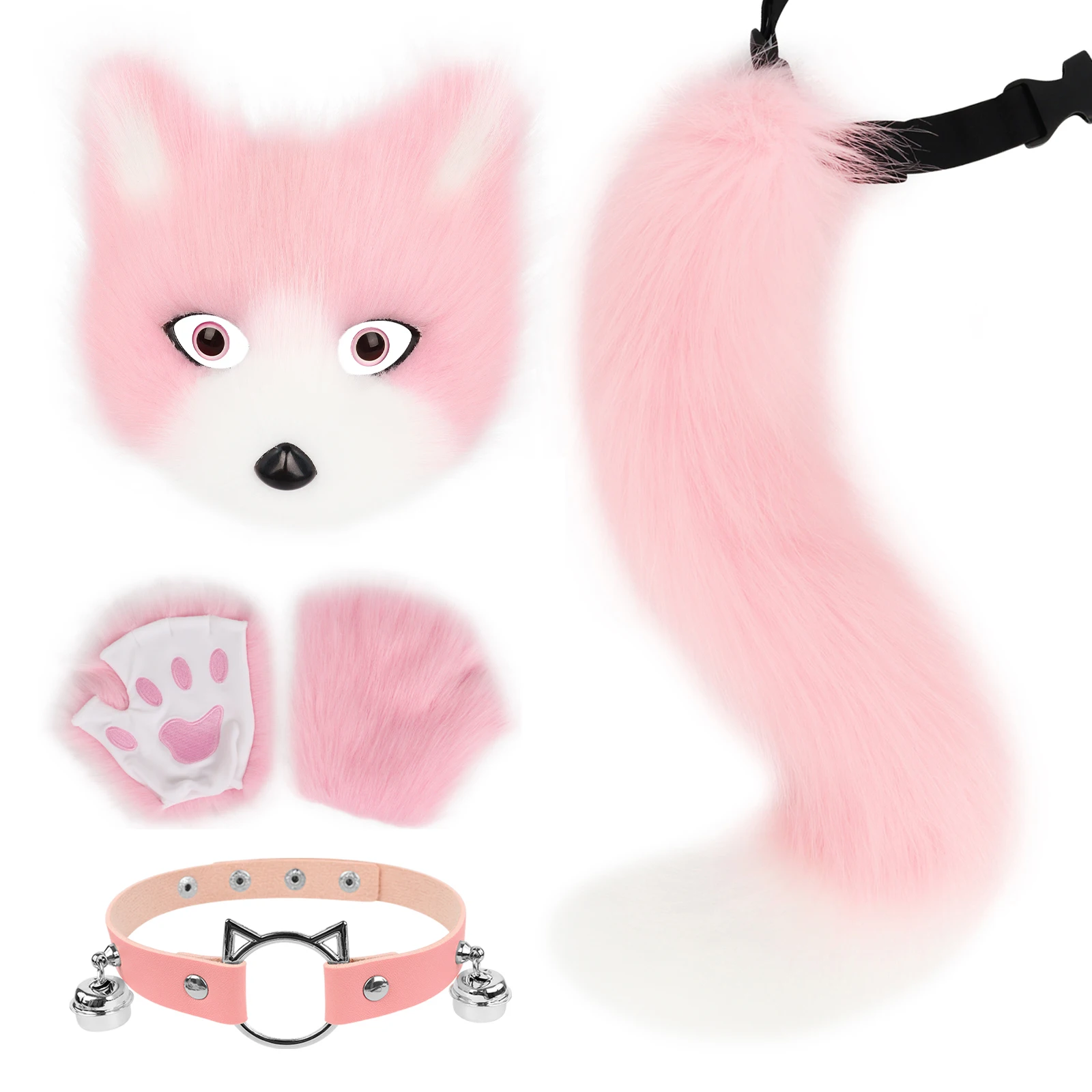 Faux Fur Fox Tail Cat Mask Paw Gloves and Leather Choker Costume Accessories Set for Cosplay Parties