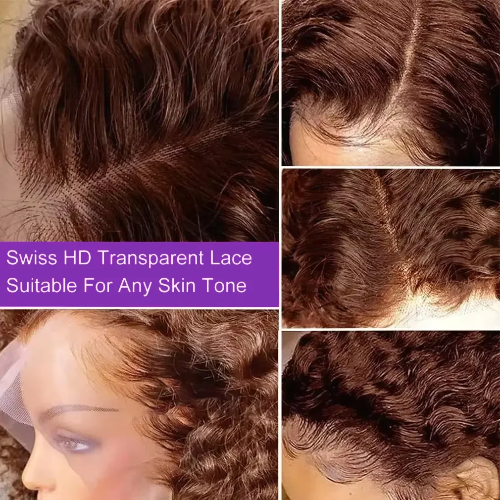 Peruca de Cabelo Curto Curto Castanho Escuro Bob para Mulheres, Onda Profunda, Cabelo Brasileiro, Transparente Lace Front, Remy, Chocolate, 13x4