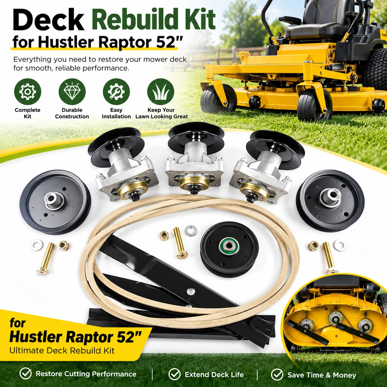 For Hustler Raptor 52 Inch Deck Rebuild Kit 3 Spindles 3 Blades Belt Pulleys Idlers 604214 603995 791988 Complete Mower Deck Repair Parts Replacement Kit