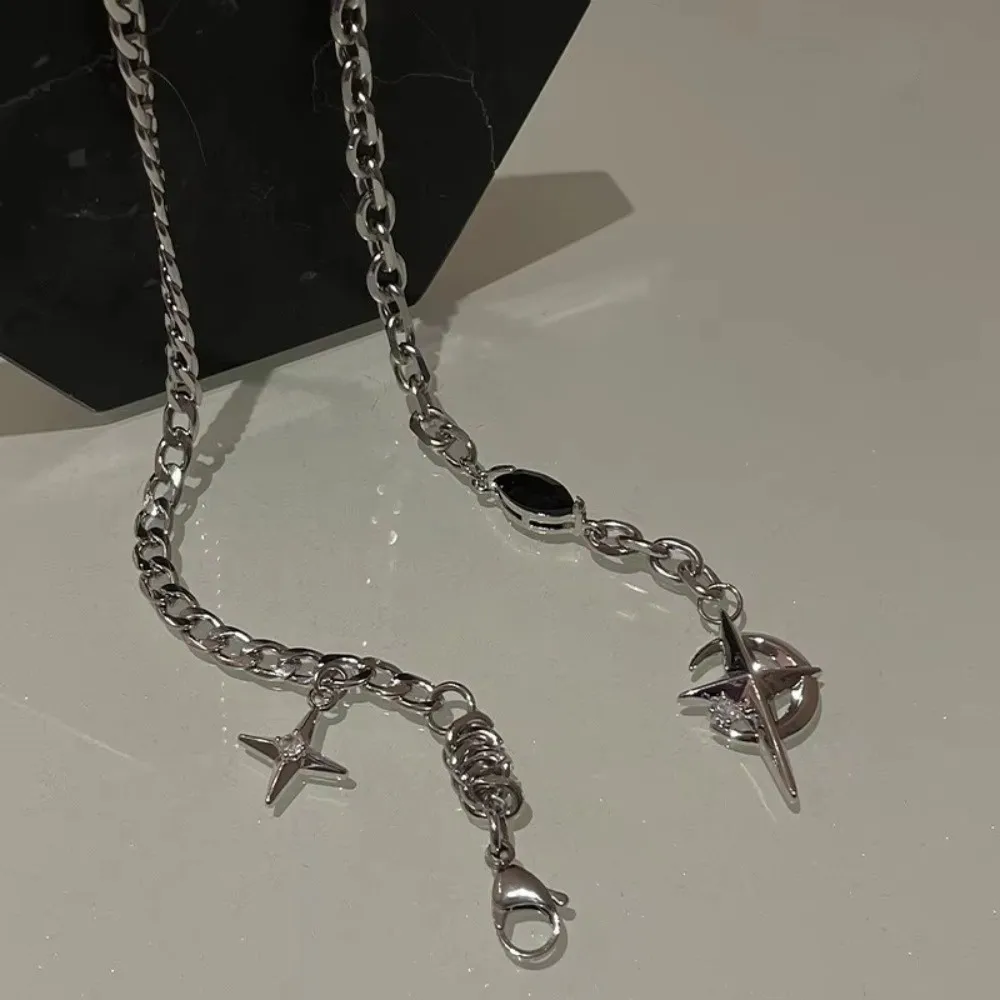 New Black Zircon Cuban Figaro Chain Punk Style Y2K Style Moon Pendant Adjustable Tassel Choker for Jewelry Gift