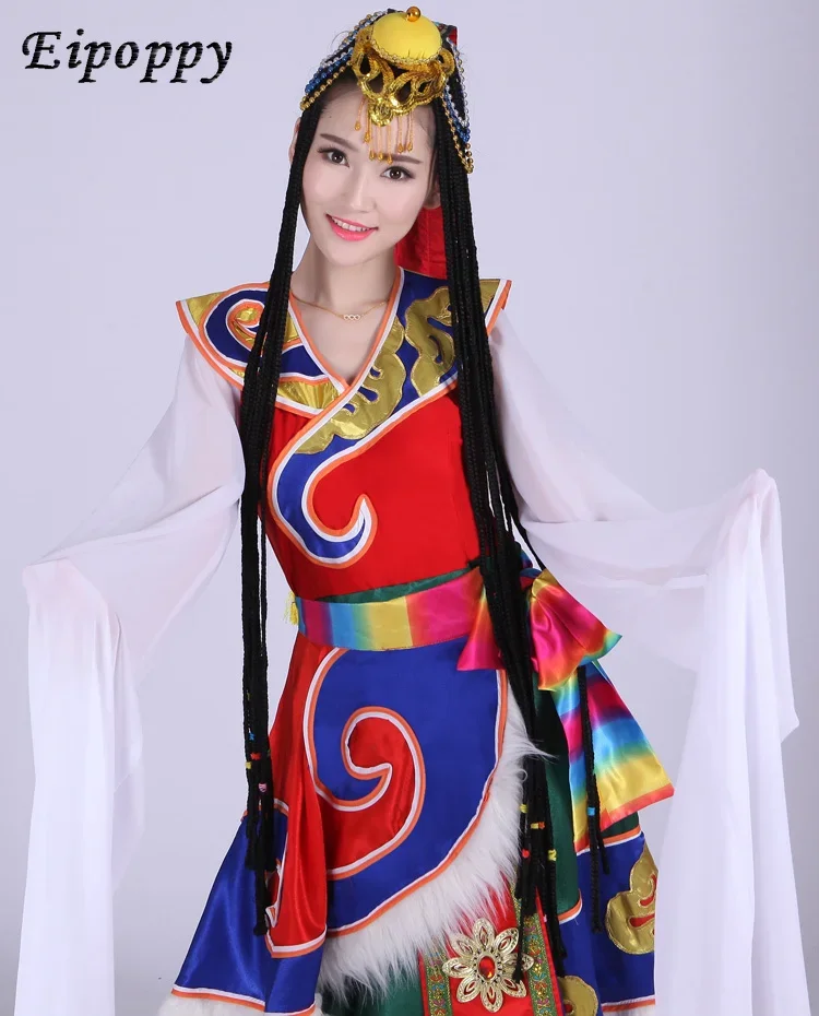 Trajes de dança tibetana para mulheres, mangas compridas de seda branca, vestido feminino, roupas de dança tibetana