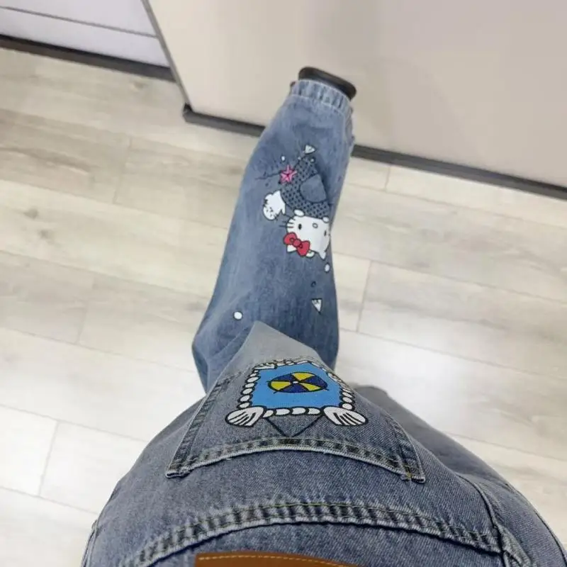 Джинсы Sanrio Hello Kitty Kawaii с героями мультфильмов, аниме, свободные тонкие драпированные прямые широкие брюки, мягкие удобные милые платья для девочек