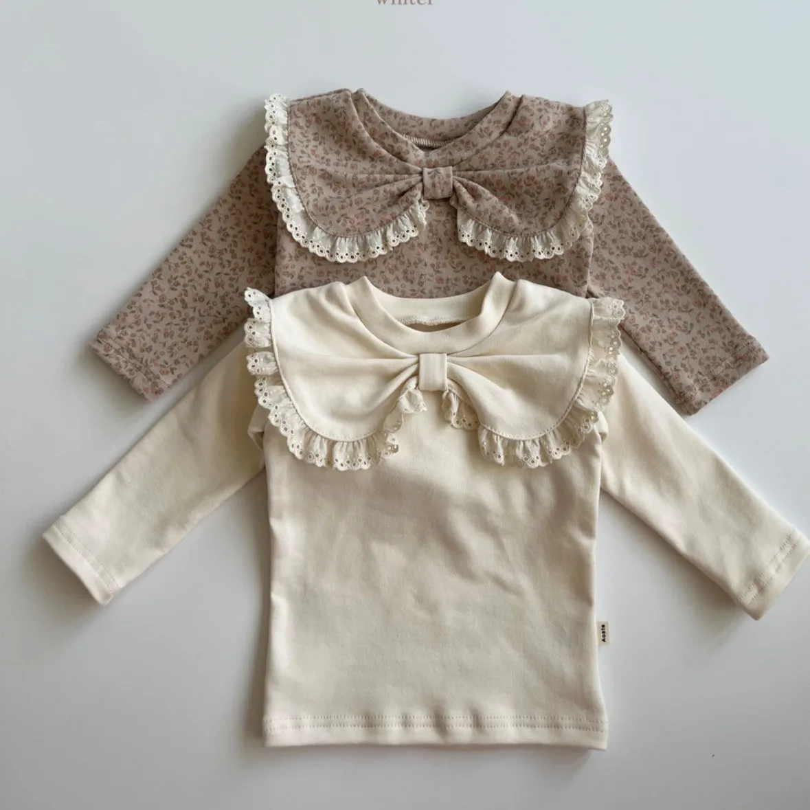 T-shirt à manches longues pour bébé fille, chemise à fond avec nœud, monochromatique, décontracté, t-shirts pour tout-petits, plus velours optique,