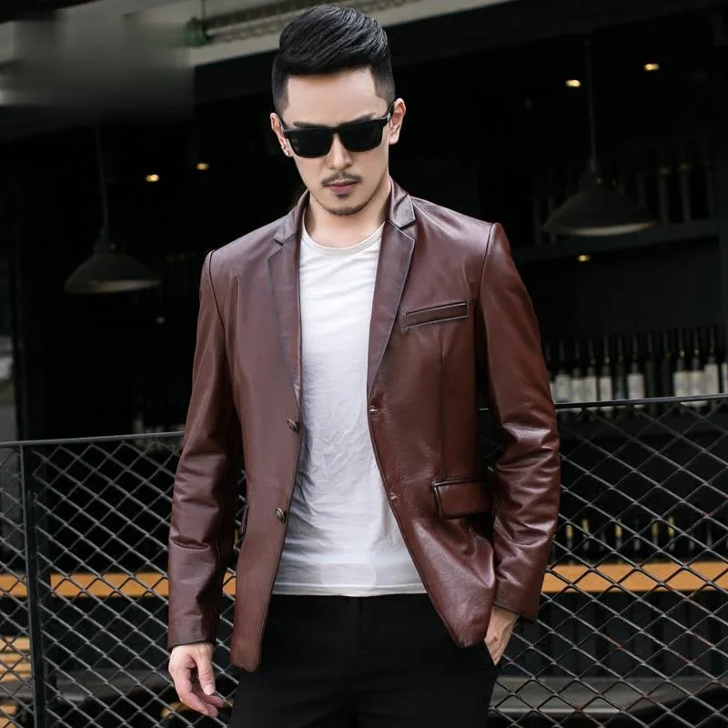 Slim-Fitting Genuine Cow Leather Clothes Mens Suit Collar First Layer Cowhide Single Coat Tide