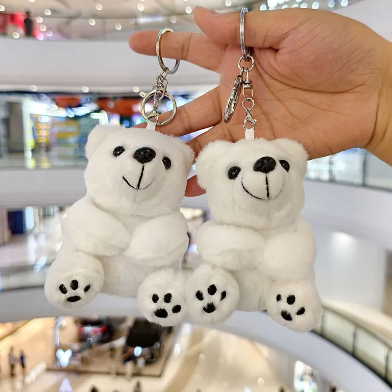 Bonito urso branco boneca de pelúcia brinquedo chaveiro pingente dos desenhos animados animal gordo neve urso polar carro chaveiro saco pingente amantes presentes femininos