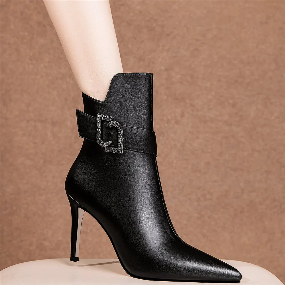

2022 High Top Ankle Boots Women Genuine Leather Slim High Heels Motorcycle Boots Female Pointed Toe Pumps Shoes Casual Shoes