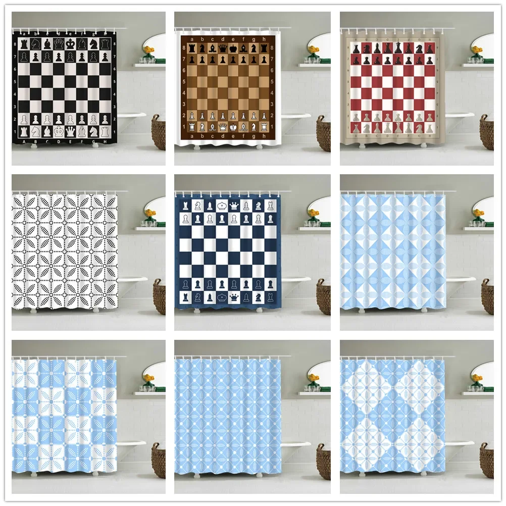 3D Chess and Chess Retro English Sign Shower Curtain Restaurant Street Bathroom Sailor Sailboat Life Buoy 12 Hooks Curtain Decor