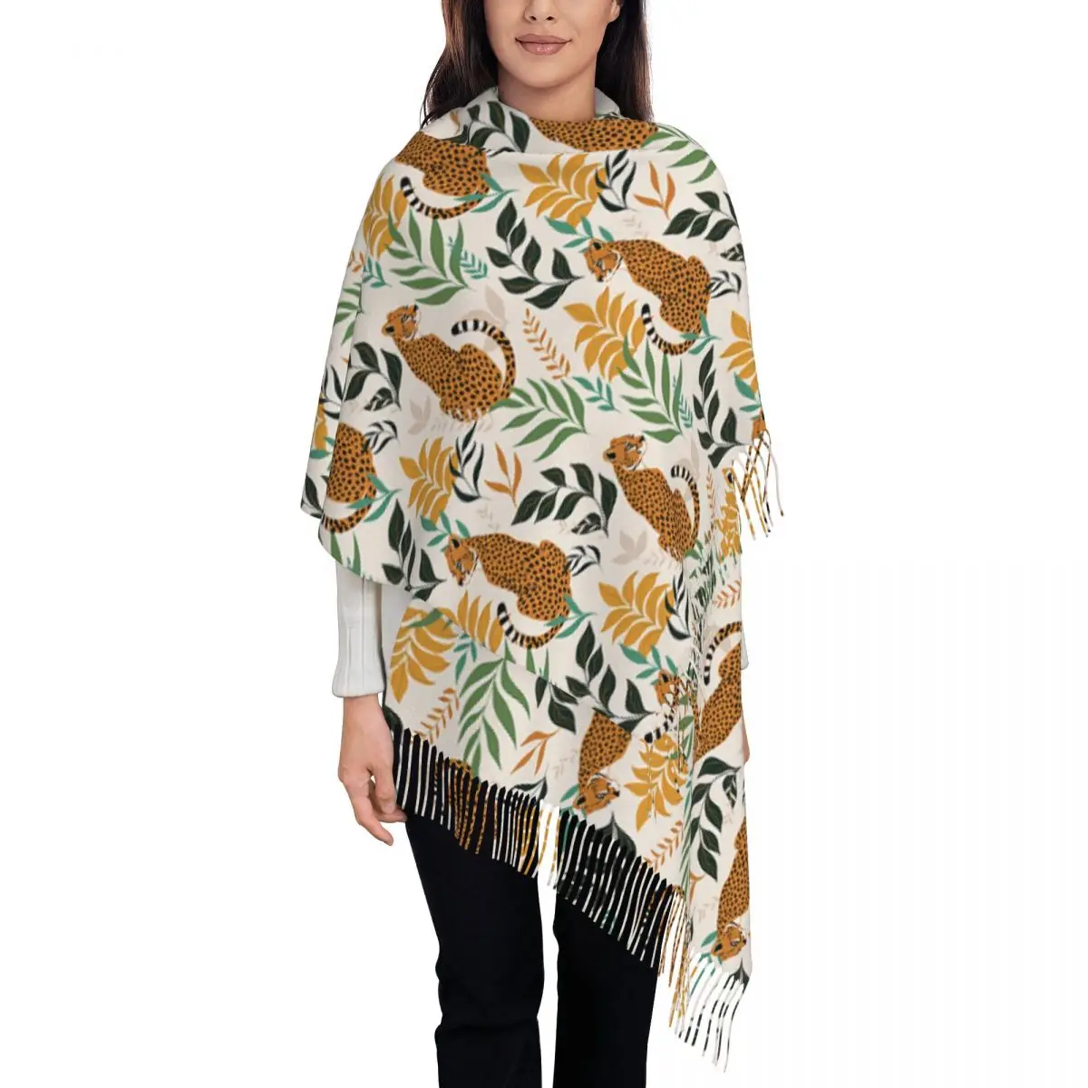 Custom Wild Cheetahs Pattern Tassel Scarf Women Soft Shawls Wraps Lady Winter Scarves