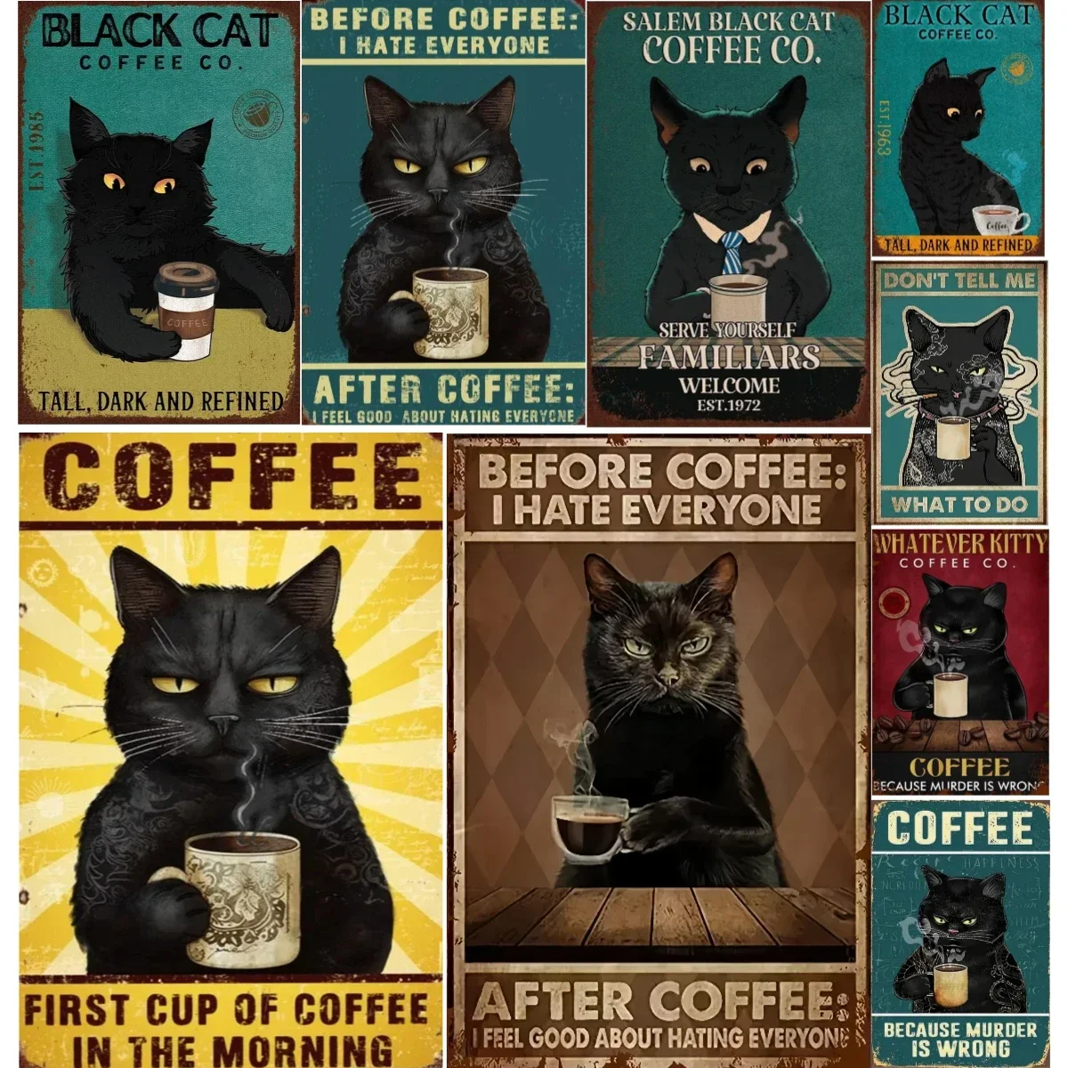 

Fun Coffee Bar Sign Retro Cat Wall Art Decoration Black Cat Cafe Home Bar Wall Decoration Poster Aluminum Production