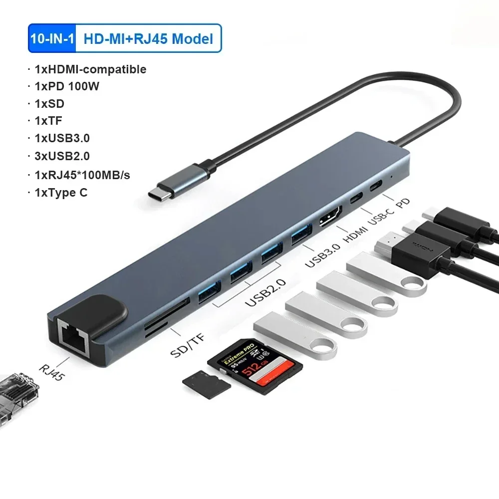 5Gbps USB C HUB 4K30Hz Docking Station Type C to HDTV RJ45 Ethernet PD100W for    Sumsang PC Phone USB 3.0 HUB