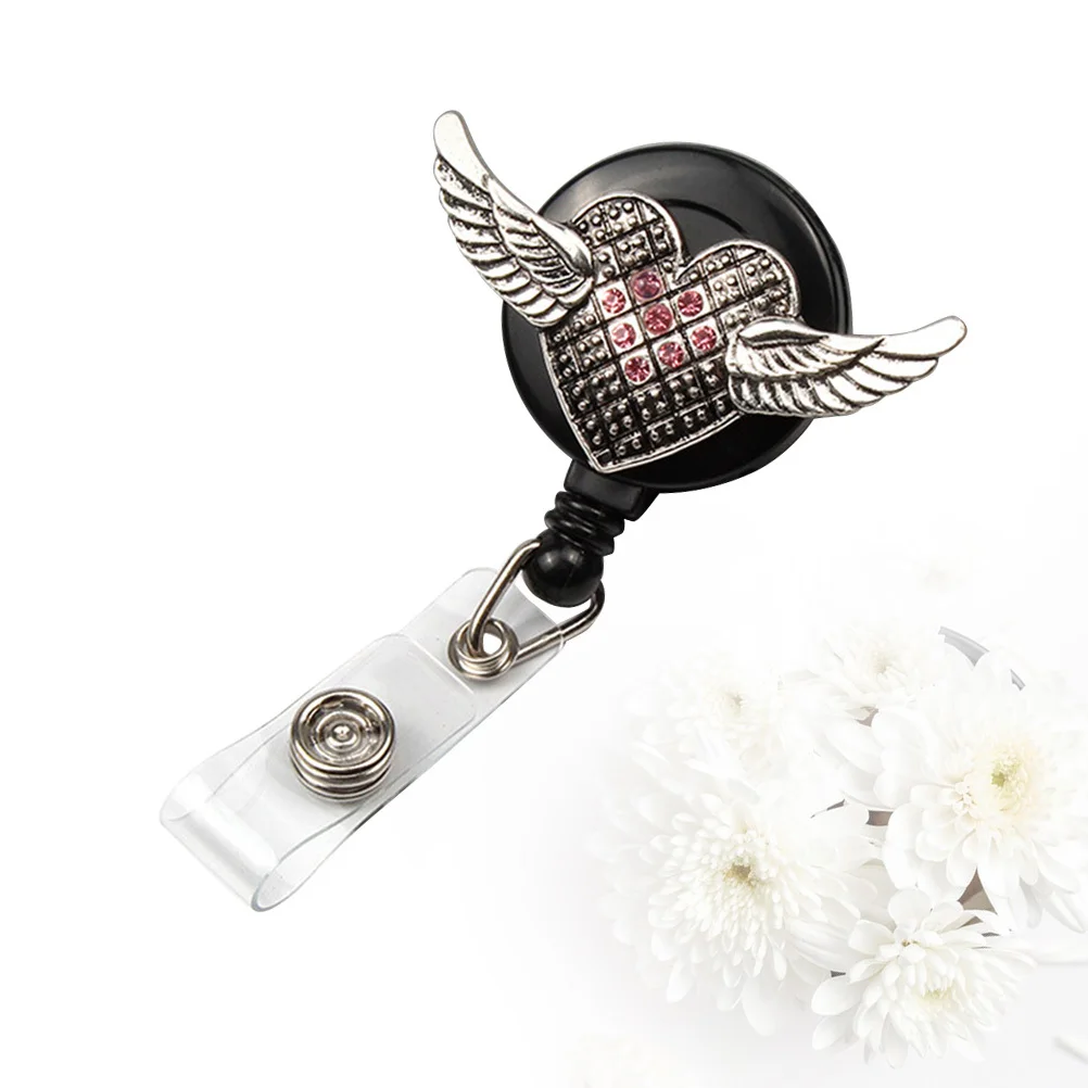 

Wing Shaped Pink Retractable Id Badge Reel Clip Elegant Rhinestone Round Telescopic Buckle Easy Pull Clip for Id Card Key Holder