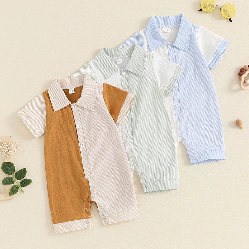 2024-05-13 Lioraitiin Baby Boy Jumpsuit Summer Short Sleeve Lapel Collar Stripes Print Romper Newborn Playsuit