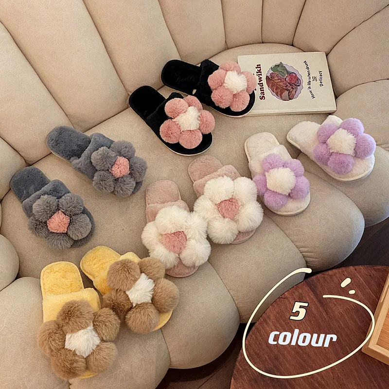 Home Slippers Women's Fur Shoes Slides Pantofle Flock Cover Toe Fashion Flower Massage Plush Flat 2024 Luxury TPR with fur Flora