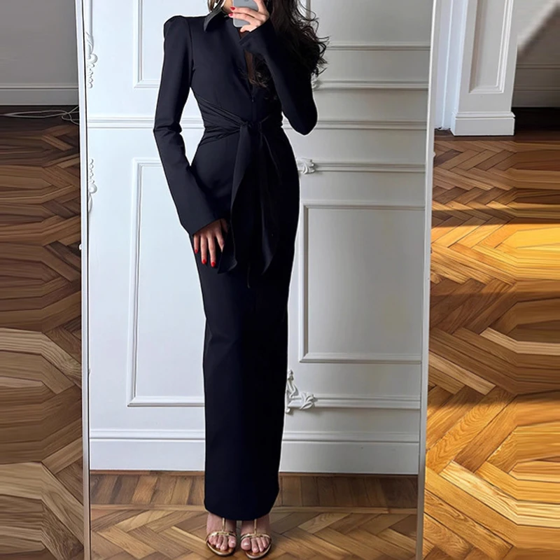 

Spring Elegant Lapel Zip Solid Skinny Dress Women's Causal Long Sleeve Slim Party Dress Autumn Fashion Lace-Up Waist Long Dress