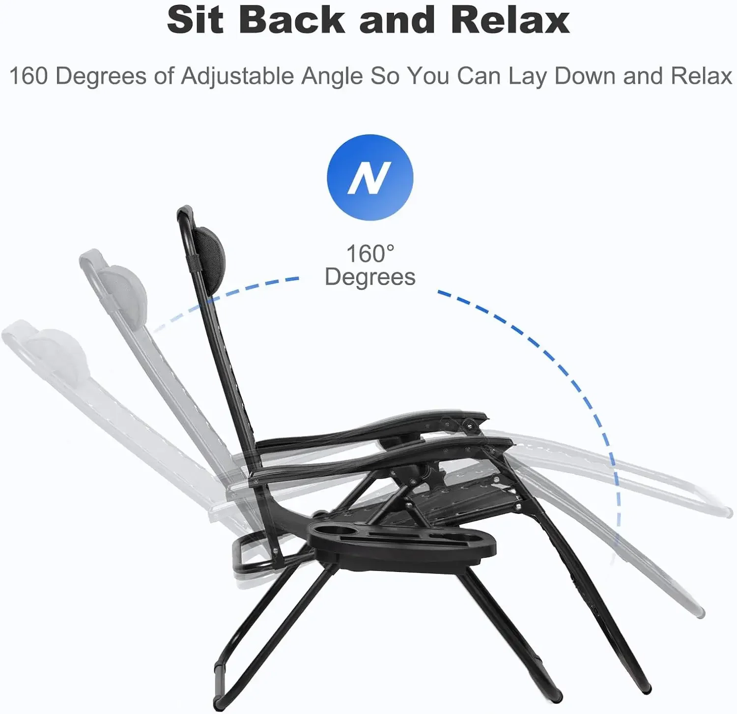 Ensemble de 2 chaises inclinables et relaxantes avec mailles en acier réglables, chaise longue zéro gravité, chaises de plage avec oreiller et tasse