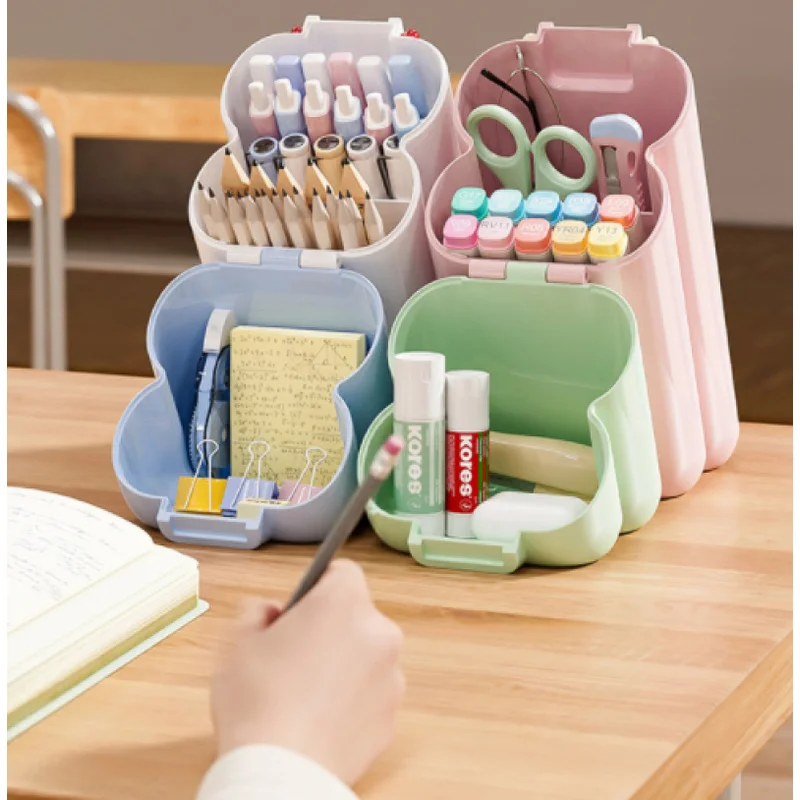 Vertical Foldable Multi-grid Desk Pen Organizer, Pastel Color Cute Pencil Storage Box, Desktop Stationery Holder for Office