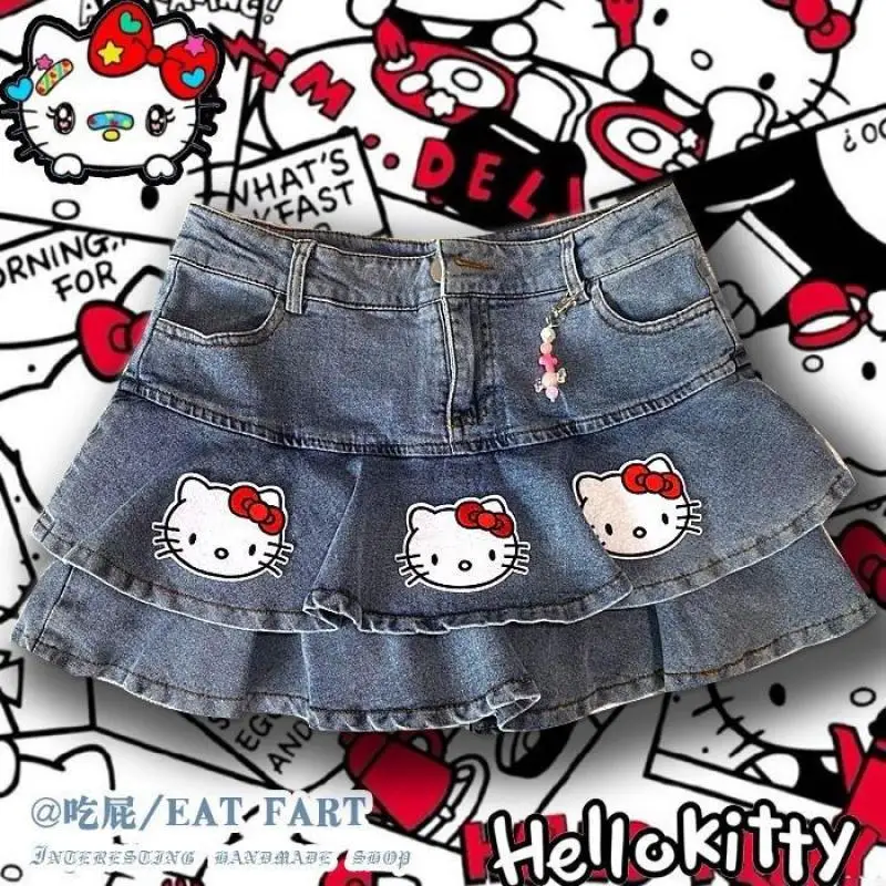 Sanrios Hello Kitty Kawaii Anime Schattig Meisje Y2K Millennium Hot Girl Denim Korte Rok Mode A-lijn Mode Taart Halve Rok