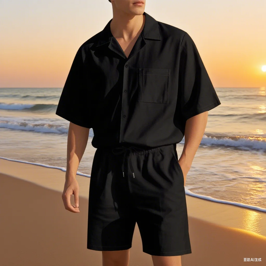 

Cross-border short-sleeved shorts set men's solid color lapel shirt casual set
