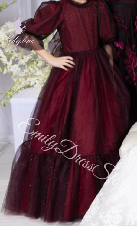 

Customized Wine Red Flower Girl Dress for Wedding Tulle 3/4 Sleeve Simple Elegant Puffy Kids Birthday Party First Communion Gown
