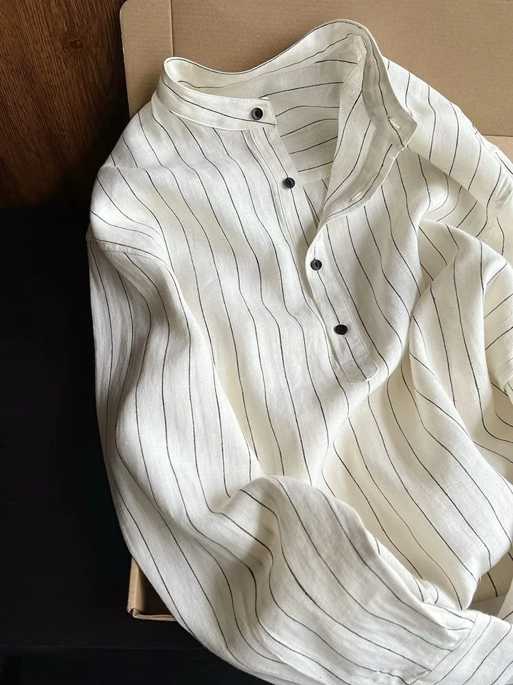 เสื้อไหมทรงตรง แขนยาว ลายทาง คอตั้ง ทรงหลวม สไตล์เกาหลี ดีไซน์เรียบง่าย ใส่ได้หลายโอกาส สำหรับผู้หญิง ฤดูใบไม้ร่วง